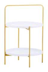 Two-tier side table featuring a sleek white surface and a gold metal frame, with a minimalist design and open space between the tiers