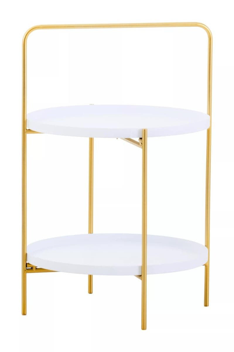 A two-tier side table featuring a sleek white top and bottom surface supported by a gold metal frame, with a minimalist design and clean lines. The table has a modern aesthetic suitable for various home decor styles