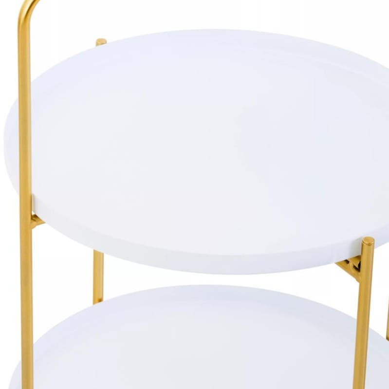 Two-tier side table featuring a sleek white surface and a gold metal frame, showcasing a modern design with circular tiers. The top tier is slightly smaller than the bottom tier, creating an elegant layered effect