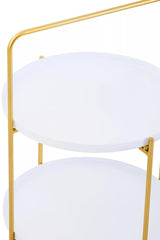 Two-tier side table featuring a sleek white surface and a gold metal frame, showcasing a modern design with circular tiers. The top tier is slightly smaller than the bottom tier, creating an elegant layered effect