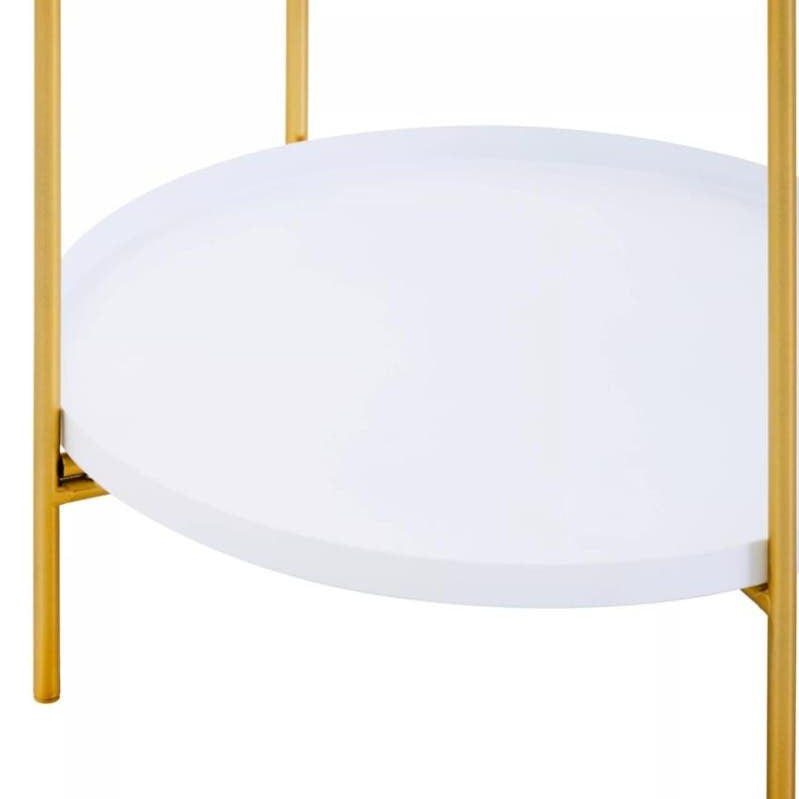 A two-tier side table featuring a sleek white surface and elegant gold metal legs, showcasing a modern design suitable for home decor. The table has a round top and a lower shelf, both with a smooth finish
