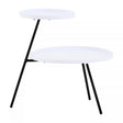 A modern side table featuring two circular white tabletops at different heights, supported by sleek black metal legs that create a unique, asymmetrical design