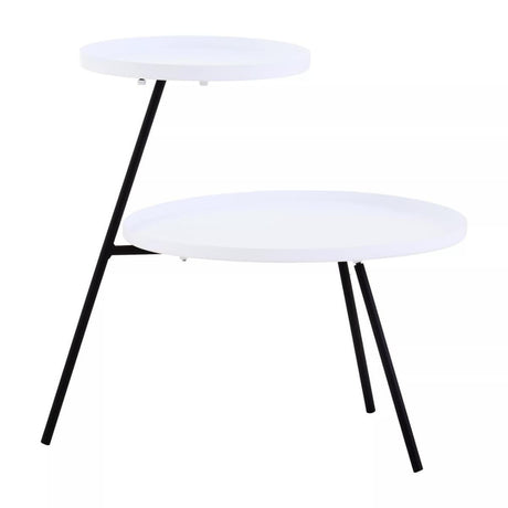 A modern side table featuring two circular white tabletops at different heights, supported by sleek black metal legs that create a unique, asymmetrical design