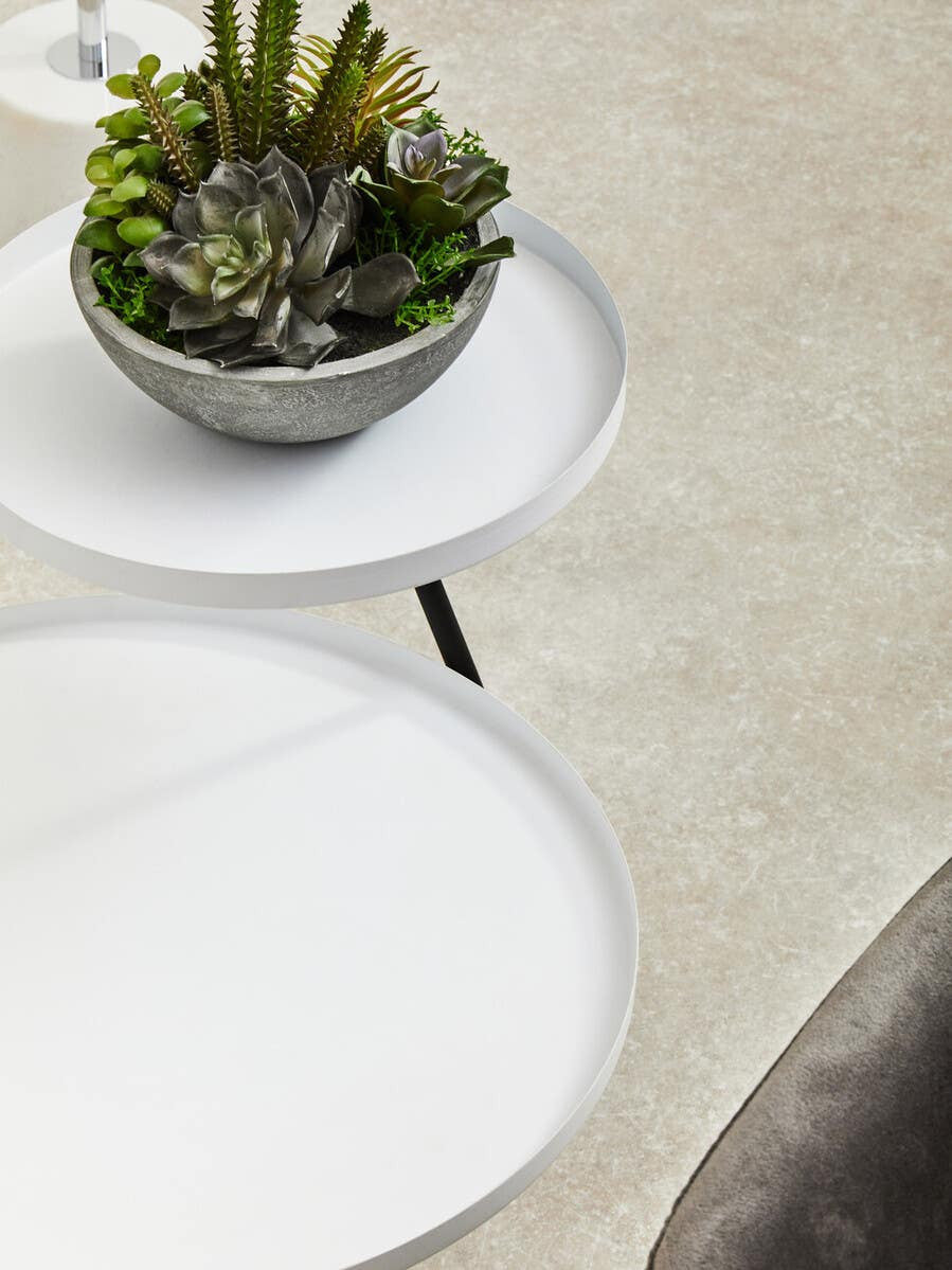 A modern side table featuring two circular tiers, one in white and the other in black, with a sleek design. A small potted plant sits on the upper tier, adding a touch of greenery. The table is positioned on a light-colored surface, highlighting its contemporary aesthetic
