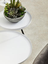 A modern side table featuring two circular tiers, one in white and the other in black, with a sleek design. A small potted plant sits on the upper tier, adding a touch of greenery. The table is positioned on a light-colored surface, highlighting its contemporary aesthetic