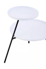 A modern side table featuring two circular white tabletops supported by a sleek black metal frame with a single angled leg. The design is minimalist and contemporary, suitable for various home decor styles