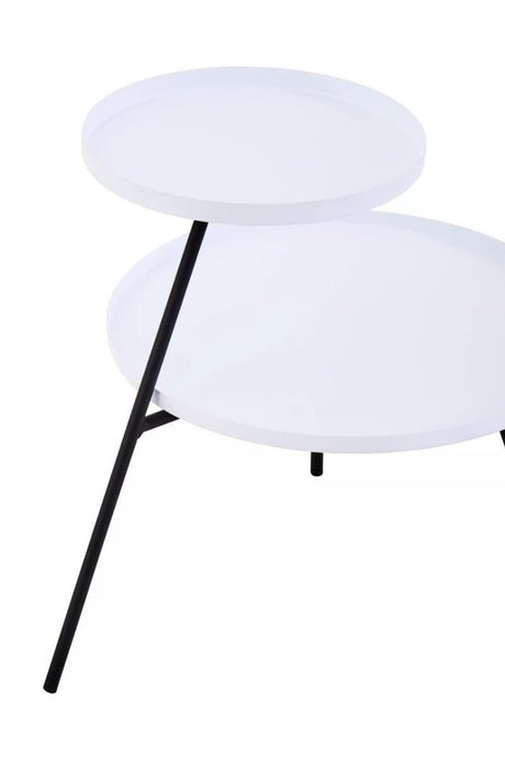 A modern side table featuring two circular white tabletops supported by a sleek black metal frame with a single angled leg. The design is minimalist and contemporary, suitable for various home decor styles