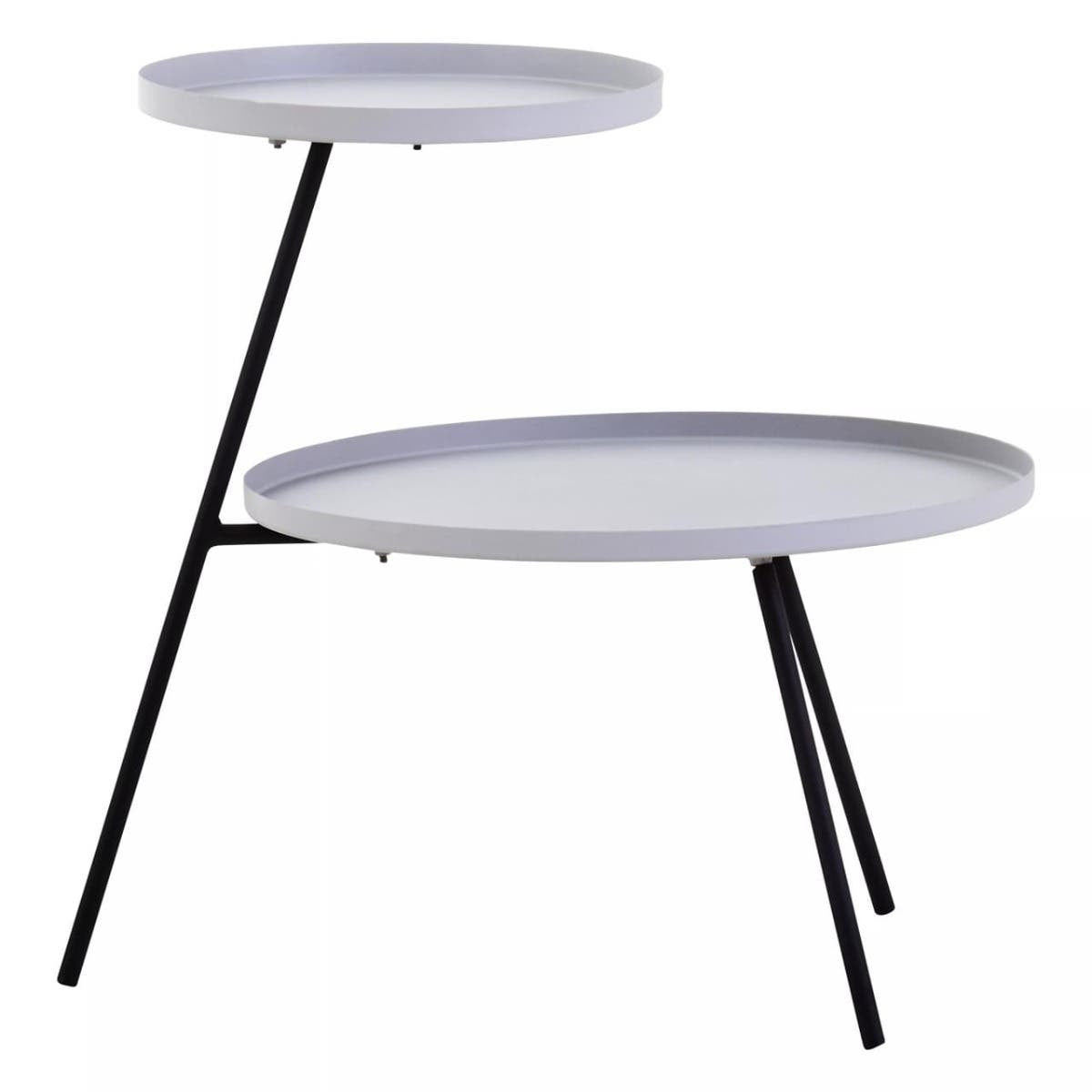 Two-tier side table featuring a grey circular top and a smaller black circular top, supported by sleek black metal legs. The design is modern and minimalist, with a clean aesthetic suitable for various home decor styles