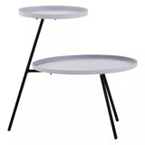Two-tier side table featuring a grey circular top and a smaller black circular top, supported by sleek black metal legs. The design is modern and minimalist, with a clean aesthetic suitable for various home decor styles