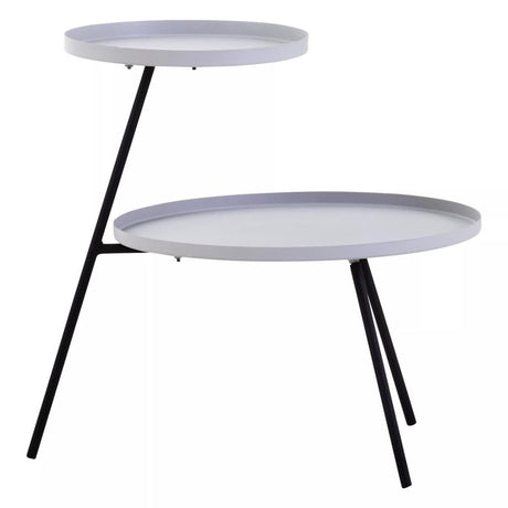 Two-tier side table featuring a grey circular top and a smaller black circular top, supported by sleek black metal legs. The design is modern and minimalist, with a clean aesthetic suitable for various home decor styles