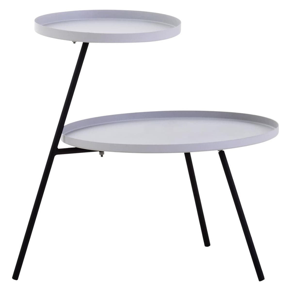 Two-tier side table featuring a grey circular top and a smaller black circular shelf, supported by sleek black metal legs in a modern design. The table has a minimalist aesthetic, suitable for various home decor styles