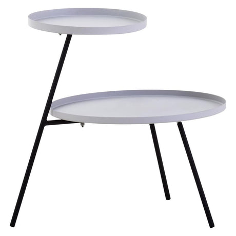 Two-tier side table featuring a grey circular top and a smaller black circular shelf, supported by sleek black metal legs in a modern design. The table has a minimalist aesthetic, suitable for various home decor styles