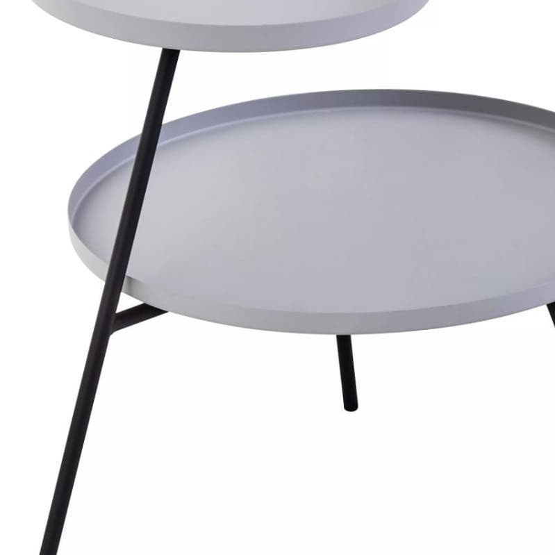 Two-tiered side table featuring a grey circular top and a black metal base with slender legs, designed for modern home decor