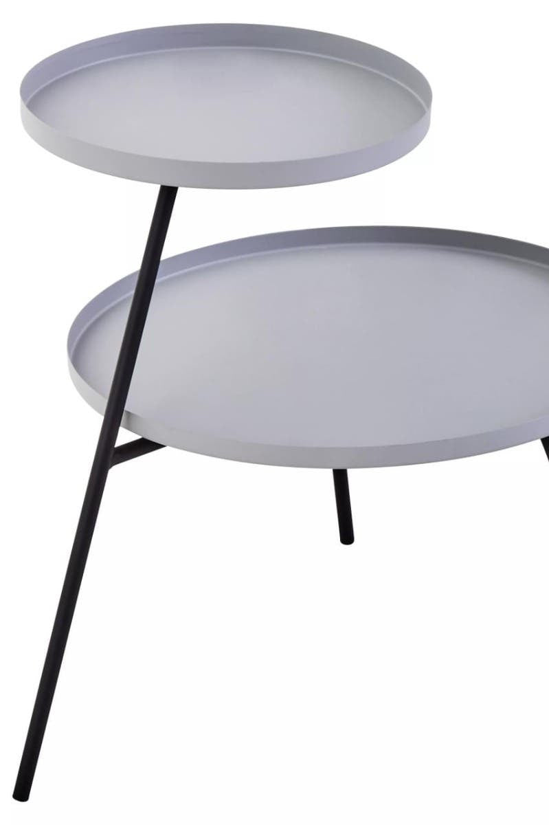Two-tiered side table featuring a grey circular top and a black metal base with slender legs, designed for modern home decor