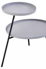 Two-tiered side table featuring a grey circular top and a black metal base with slender legs, designed for modern home decor