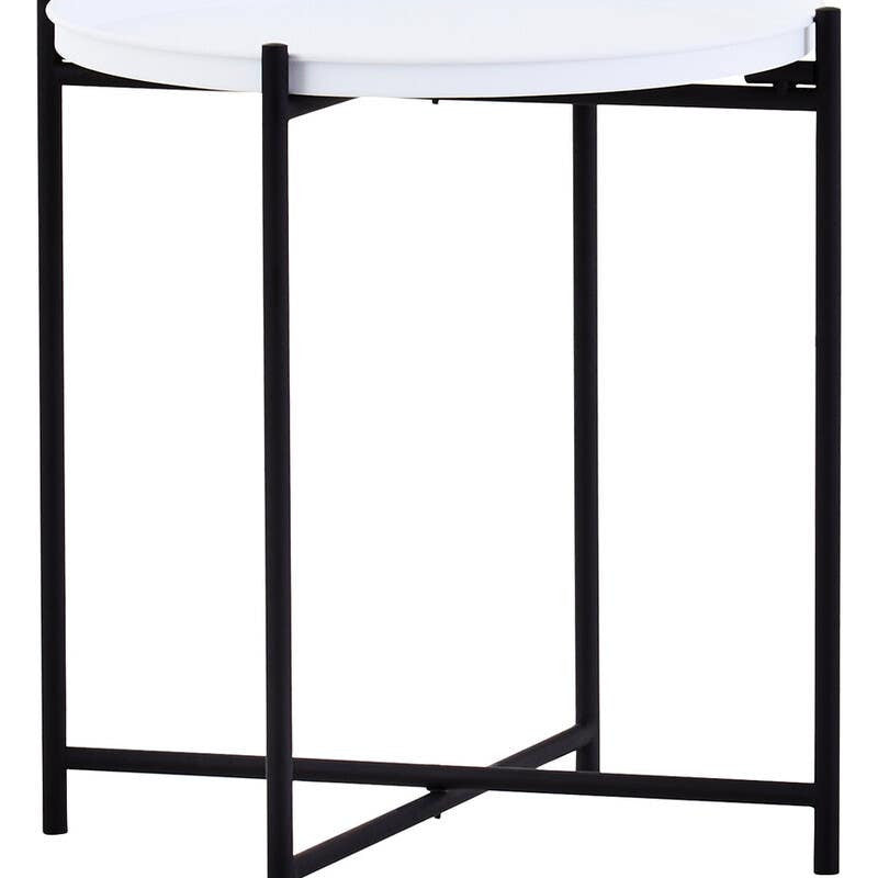 Round white tabletop supported by a sleek black metal frame with four legs and a crossbar for stability. The design is modern and minimalist, suitable for various home decor styles