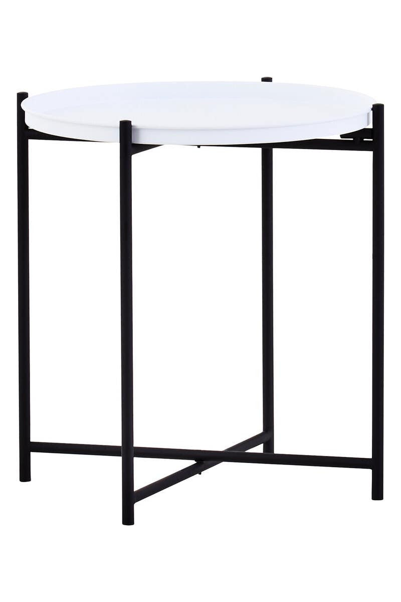 Round white tabletop supported by a sleek black metal frame with four legs and a crossbar for stability. The design is modern and minimalist, suitable for various home decor styles