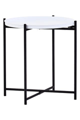 Round white tabletop supported by a sleek black metal frame with four legs and a crossbar for stability. The design is modern and minimalist, suitable for various home decor styles