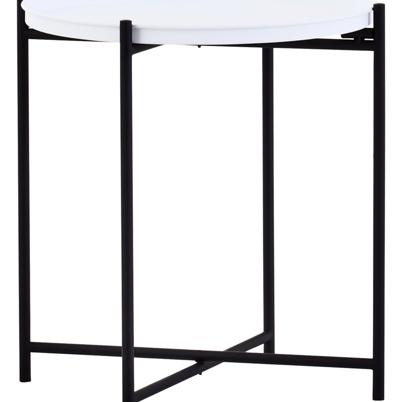 Round white top side table with a sleek black metal frame, featuring four slender legs and a minimalist design, suitable for modern home decor