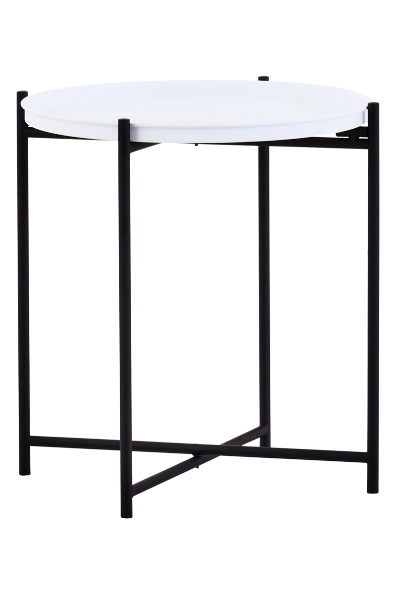 Round white top side table with a sleek black metal frame, featuring four slender legs and a minimalist design, suitable for modern home decor