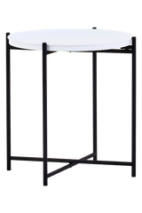 Round white top side table with a sleek black metal frame, featuring four slender legs and a minimalist design, suitable for modern home decor