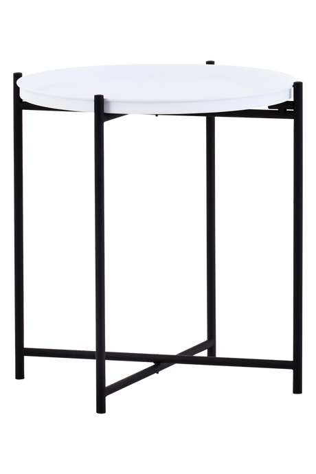 Round white top side table with a sleek black metal frame, featuring four slender legs and a minimalist design, suitable for modern home decor
