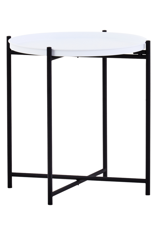 Round white top side table with a sleek black metal frame, featuring four slender legs and a minimalist design, suitable for modern home decor