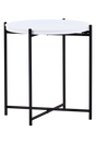 Round white top side table with a sleek black metal frame, featuring four slender legs and a minimalist design, suitable for modern home decor