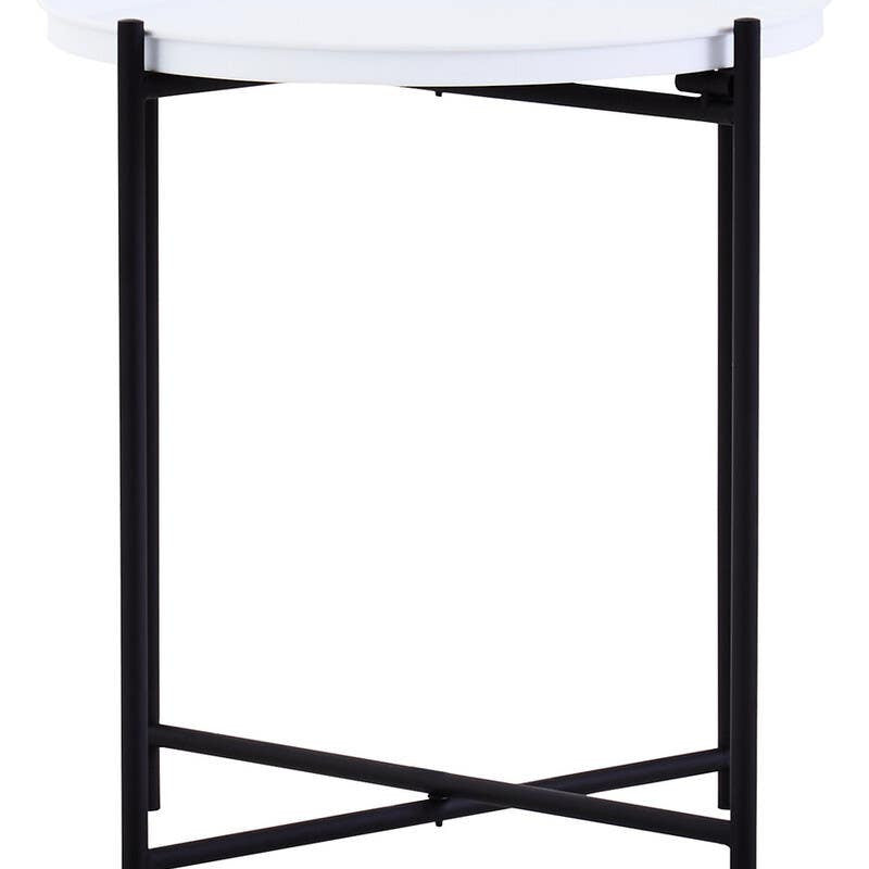 Round white tabletop supported by a sleek black metal frame with an X-shaped base, designed as a modern side table suitable for various home decor styles