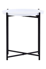Round white tabletop supported by a sleek black metal frame with an X-shaped base, designed as a modern side table suitable for various home decor styles