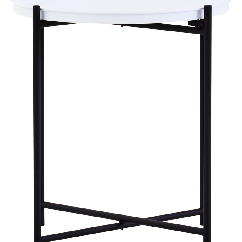 Round white tabletop supported by a sleek black frame with four legs, featuring a lower shelf for additional storage or display. The design is modern and minimalistic, suitable for various home decor styles