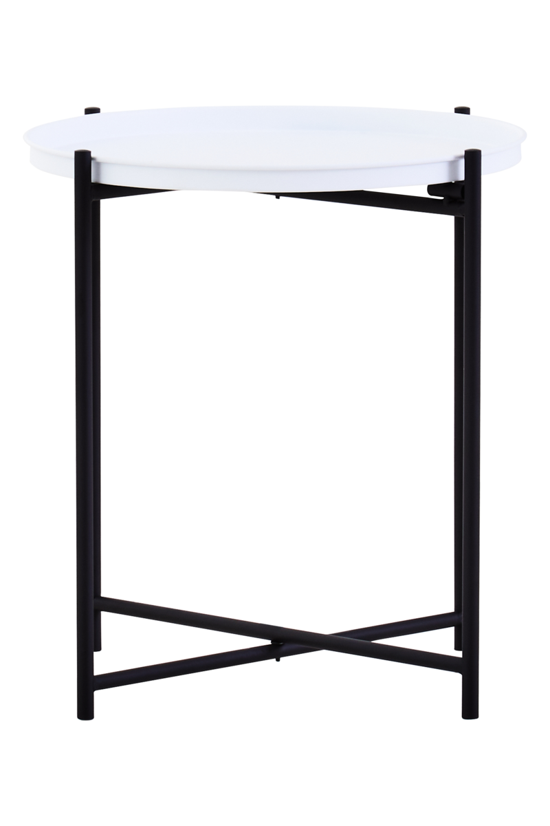 Round white tabletop supported by a sleek black frame with four legs, featuring a lower shelf for additional storage or display. The design is modern and minimalistic, suitable for various home decor styles