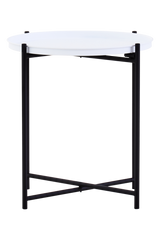 Round white tabletop supported by a sleek black frame with four legs, featuring a lower shelf for additional storage or display. The design is modern and minimalistic, suitable for various home decor styles