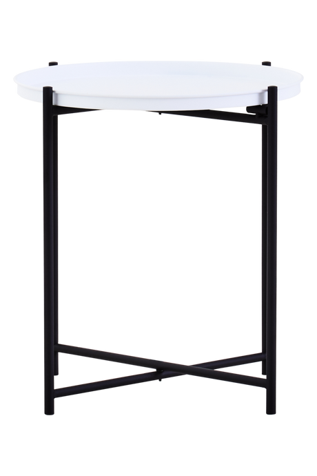 Round white tabletop supported by a sleek black frame with four legs, featuring a lower shelf for additional storage or display. The design is modern and minimalistic, suitable for various home decor styles