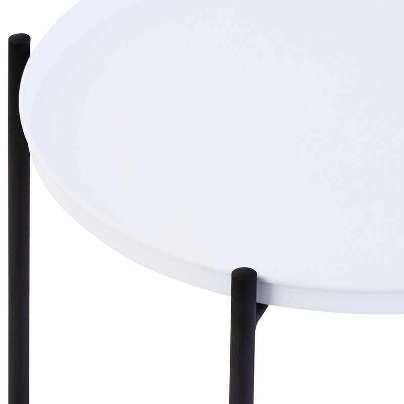 Round white tabletop with a smooth surface supported by two slender black legs, showcasing a modern and minimalist design suitable for home decor