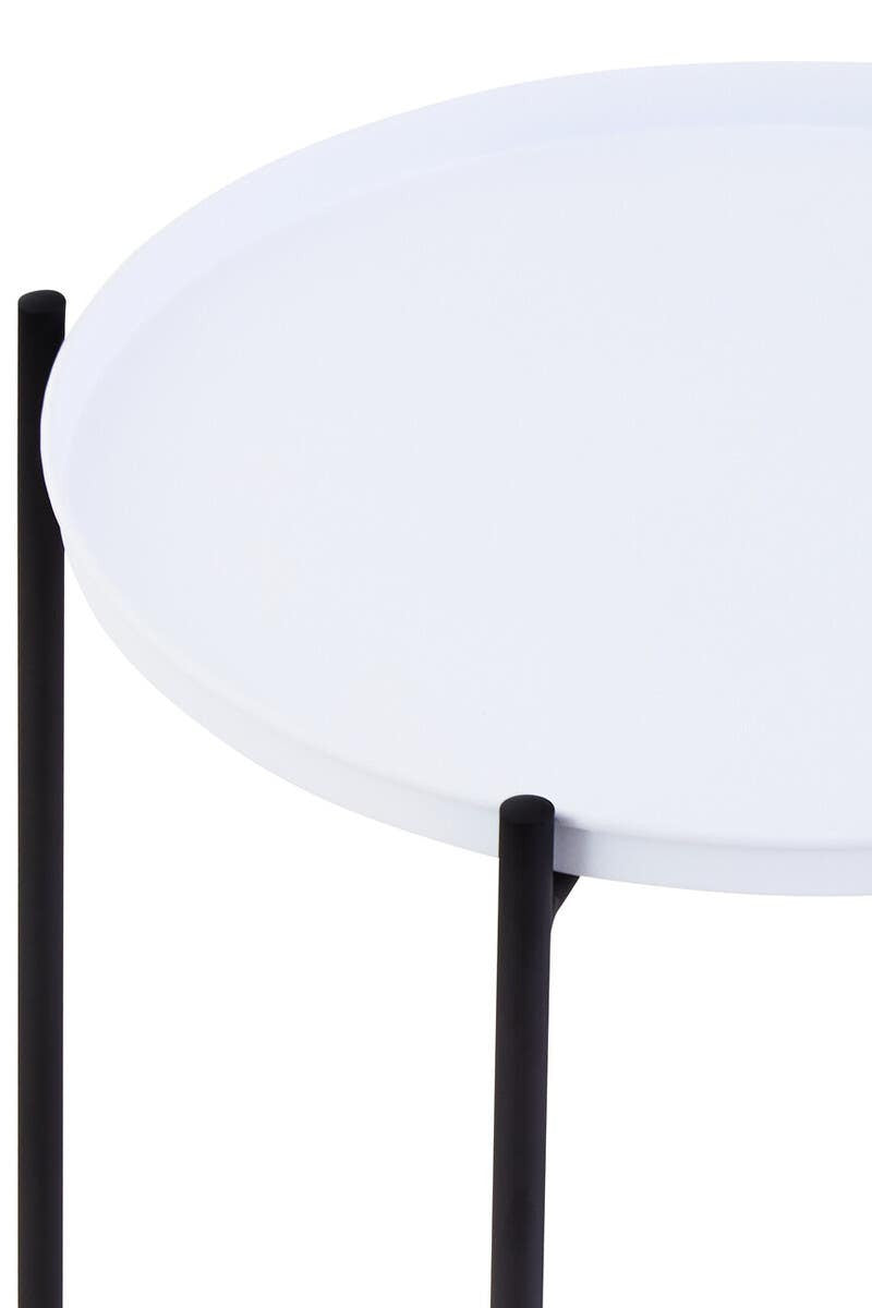 Round white tabletop with a smooth surface supported by two slender black legs, showcasing a modern and minimalist design suitable for home decor