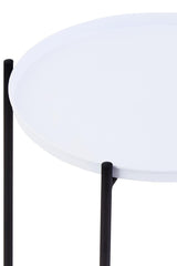 Round white tabletop with a smooth surface supported by two slender black legs, showcasing a modern and minimalist design suitable for home decor