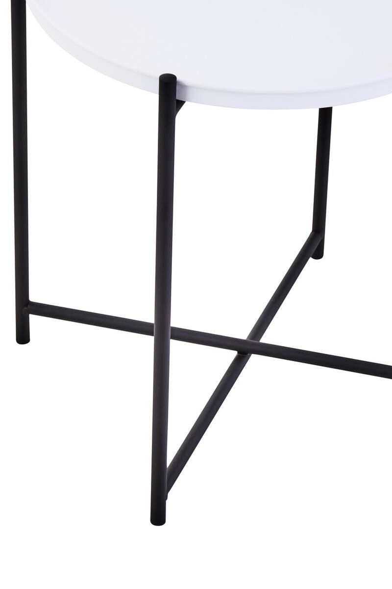 Round white tabletop supported by a sleek black metal frame with a geometric design, featuring crossed legs for stability