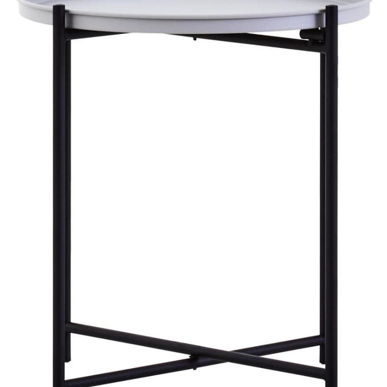 Round grey top side table with a sleek black metal frame featuring an X-shaped base for stability. The design is modern and minimalist, suitable for various home decor styles
