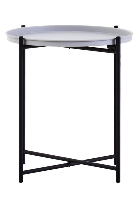 Round grey top side table with a sleek black metal frame featuring an X-shaped base for stability. The design is modern and minimalist, suitable for various home decor styles