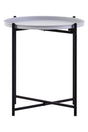 Round grey top side table with a sleek black metal frame featuring an X-shaped base for stability. The design is modern and minimalist, suitable for various home decor styles