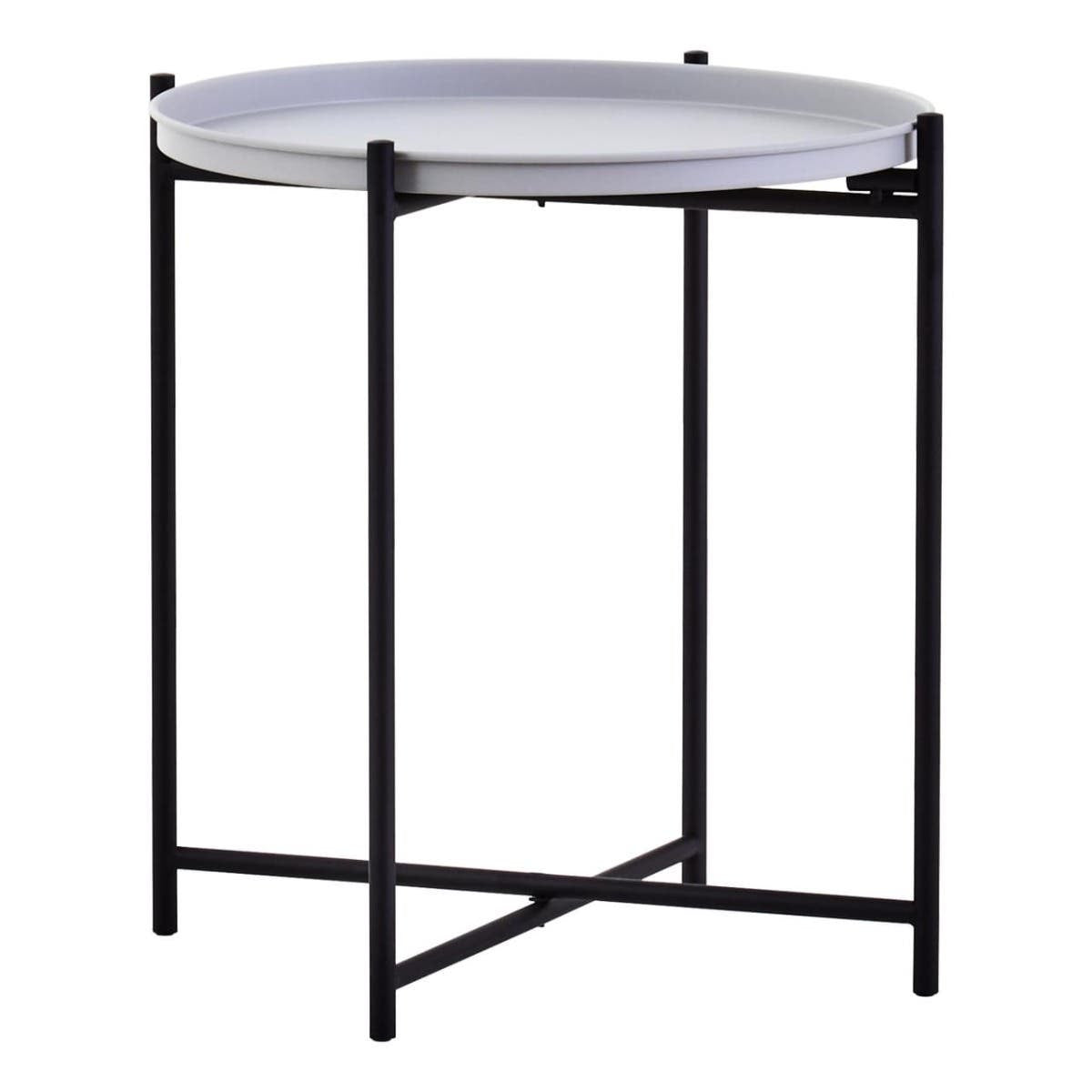 Round grey tabletop supported by a sleek black metal frame, featuring four slender legs for stability. The design is modern and minimalist, suitable for various home decor styles