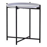 Round grey tabletop supported by a sleek black metal frame, featuring four slender legs for stability. The design is modern and minimalist, suitable for various home decor styles