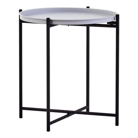 Round grey tabletop supported by a sleek black metal frame, featuring four slender legs for stability. The design is modern and minimalist, suitable for various home decor styles