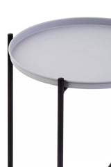 Round grey tabletop supported by slender black legs, featuring a minimalist design suitable for modern home decor