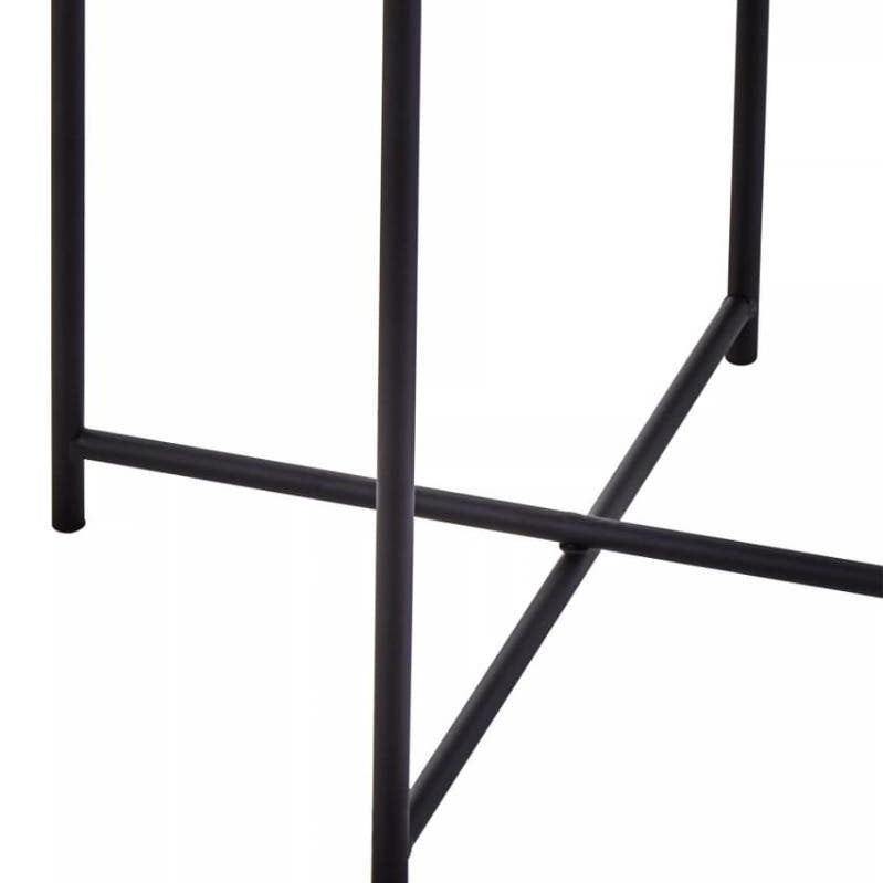 Round grey tabletop supported by a sleek black metal frame with a geometric design, showcasing a modern and minimalist aesthetic suitable for home decor
