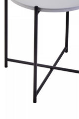 Round grey tabletop supported by a sleek black metal frame with a geometric design, showcasing a modern and minimalist aesthetic suitable for home decor
