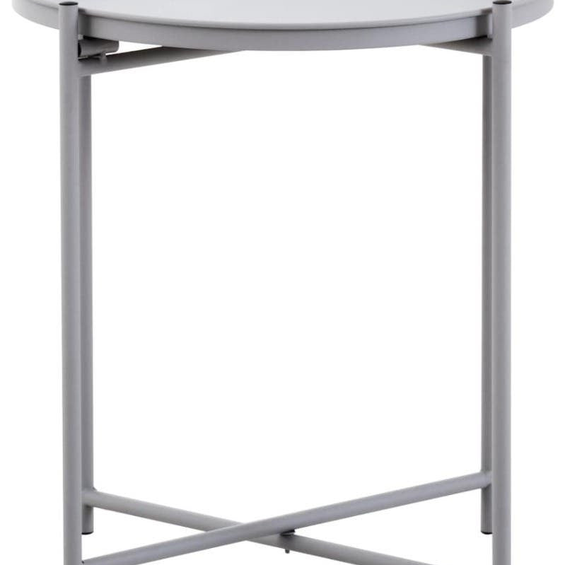 Round grey iron side table with a smooth top and a minimalist design, featuring a sturdy cross-legged base for stability. The table has a modern aesthetic suitable for various home decor styles