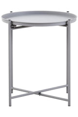 Round grey iron side table with a smooth top and a minimalist design, featuring a sturdy cross-legged base for stability. The table has a modern aesthetic suitable for various home decor styles
