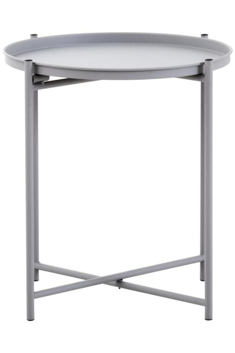Round grey iron side table with a smooth top and a minimalist design, featuring a sturdy cross-legged base for stability. The table has a modern aesthetic suitable for various home decor styles